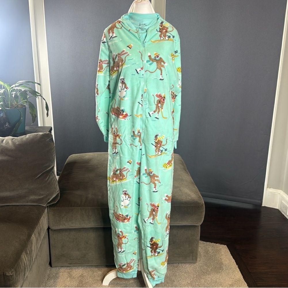 Nick & Nora Adult Teen Unisex Fleece One Piece Sock Monkeys Pajama Size M NWT